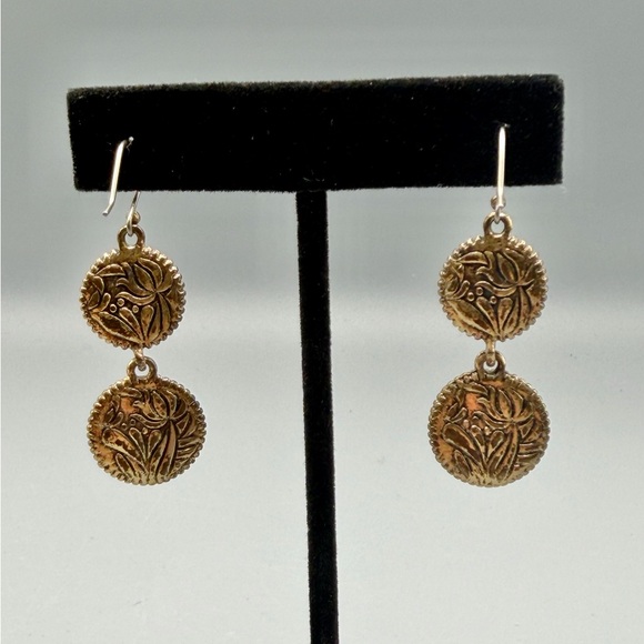 Lucky Brand Double Disc Dangle Earrings Gold Tone Faux Pearl 1.75” Drop - Picture 4 of 4